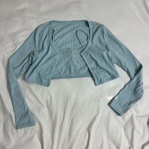 Cider Ribbed Scoop Neck Cropped Tank & Cardigan Set - Light Blue